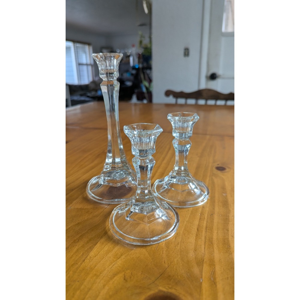 Set of 3 Clear Glass Candlestick Holders Hexagonal Stem Taper Trio